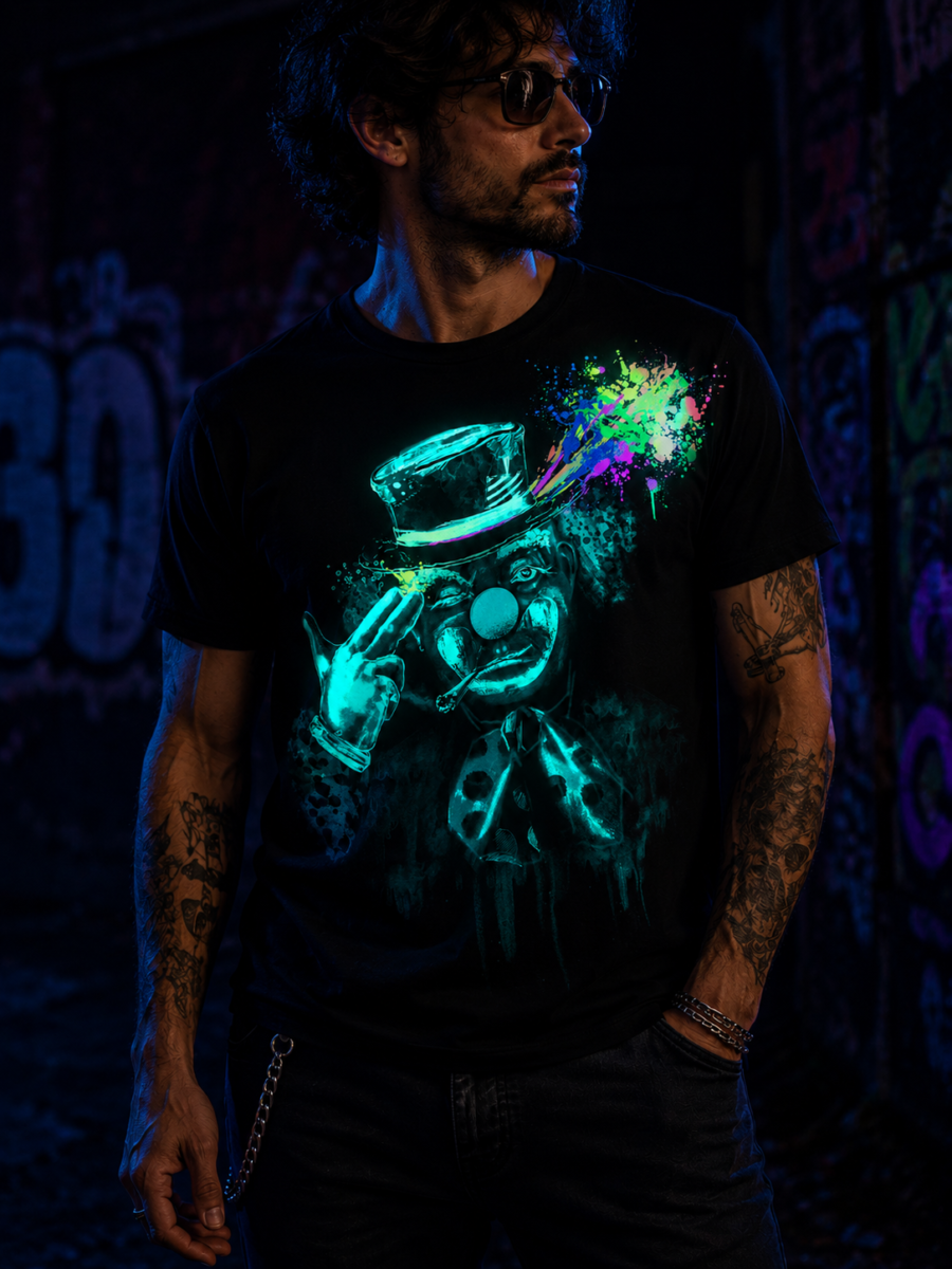 Glow in the Dark Clown T-Shirt - חולצת ליצן זוהרת בחושך עם הדפס אמנותי צבעוני