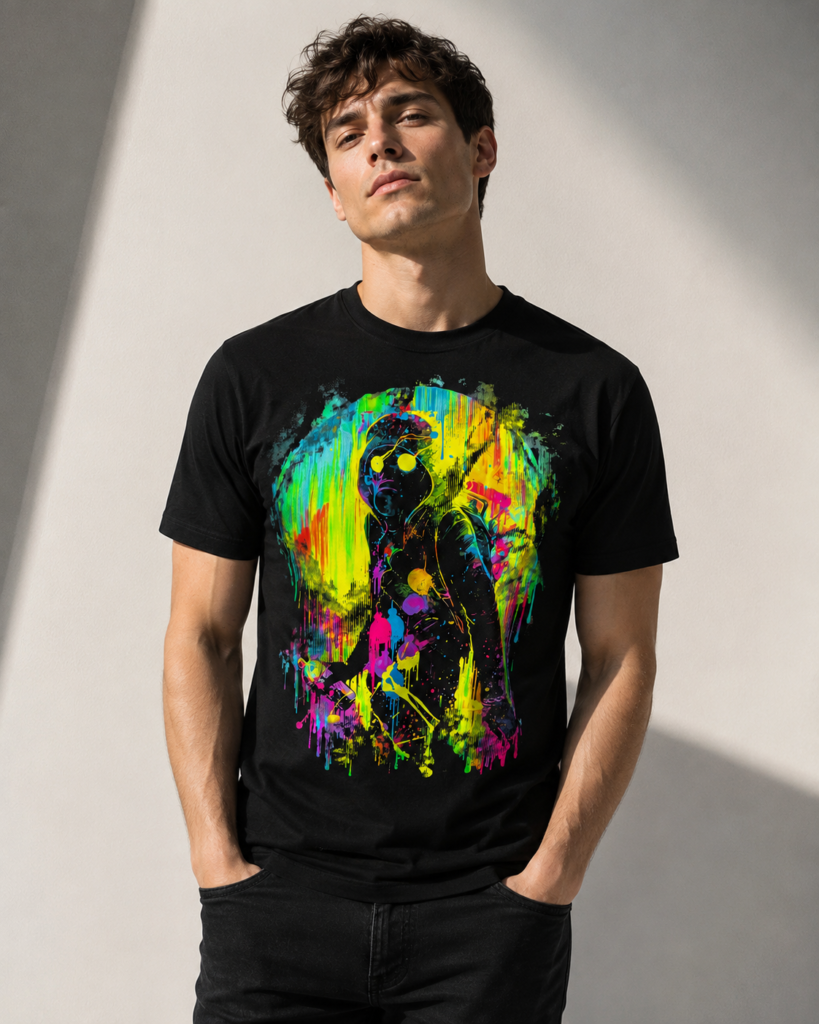 Black graphic t-shirt with colorful neon astronaut artwork and vibrant paint splash design | חולצה שחורה עם הדפס אסטרונאוט צבעוני בסגנון ניאון