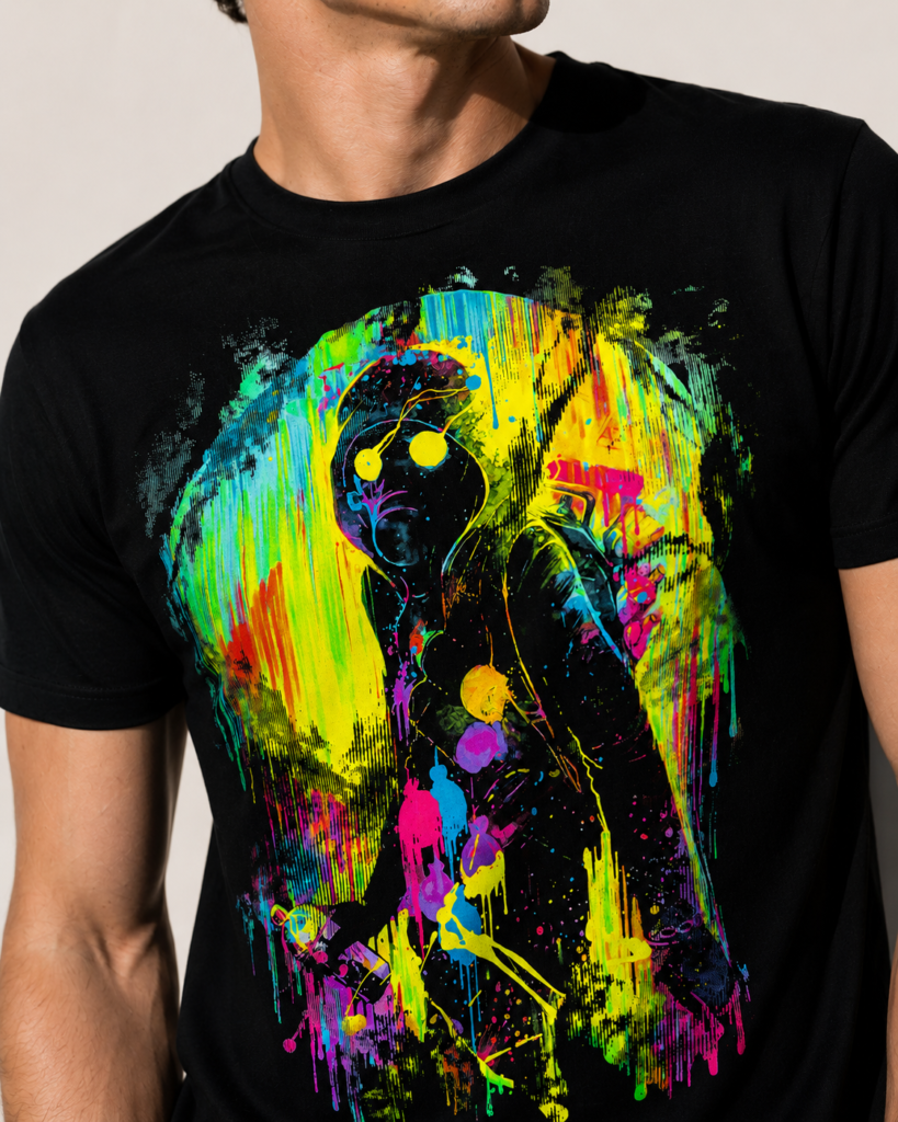 Black t-shirt with colorful neon astronaut graphic artwork and vibrant paint splash design