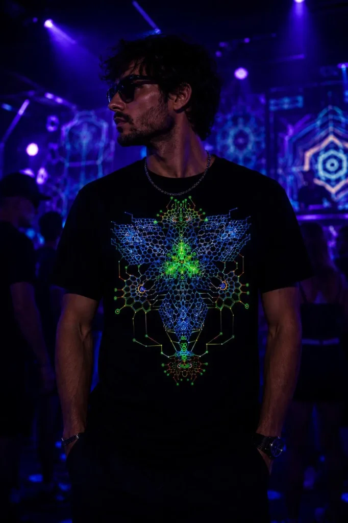 חולצה גיאומטרית זוהרת ב-UV | Psychedelic Geometric UV T-Shirt