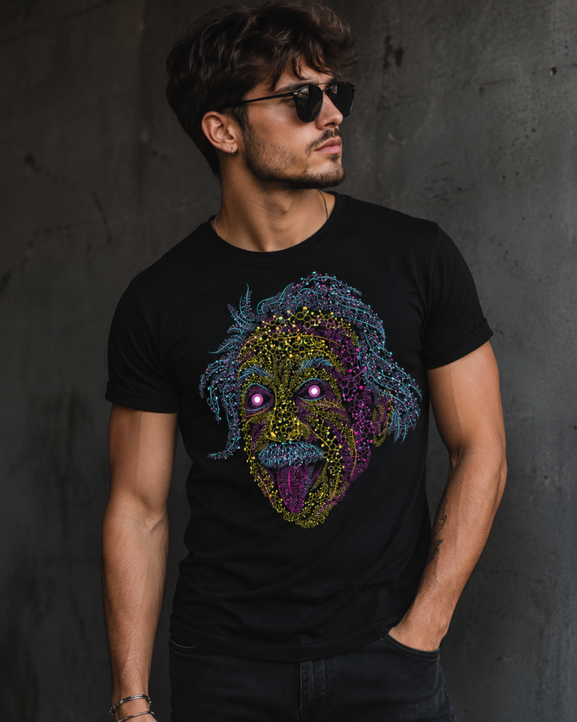 Stylish male model wearing a black Einstein graphic t-shirt with colorful neon artwork and scientific abstract design