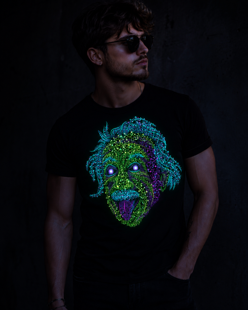 Glow in the dark Einstein graphic t-shirt worn by a male model in a dark studio environment