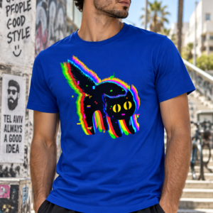 הדפסה זוהרת על החולצה עם חתול גליתץ / T-Shirt Glowing in the Dark with print Cat Glitch
