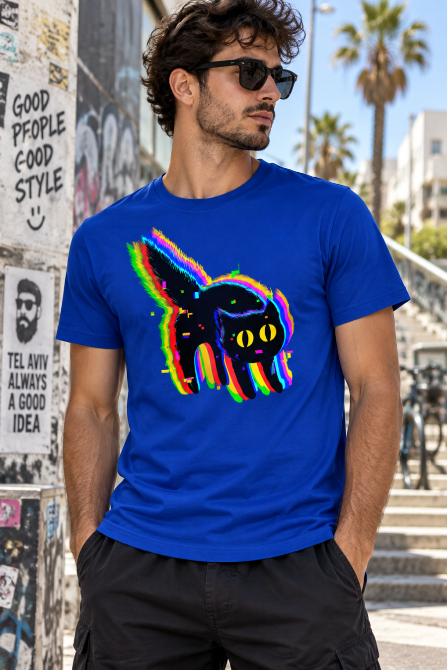 הדפסה זוהרת על החולצה עם חתול גליתץ / T-Shirt Glowing in the Dark with print Cat Glitch