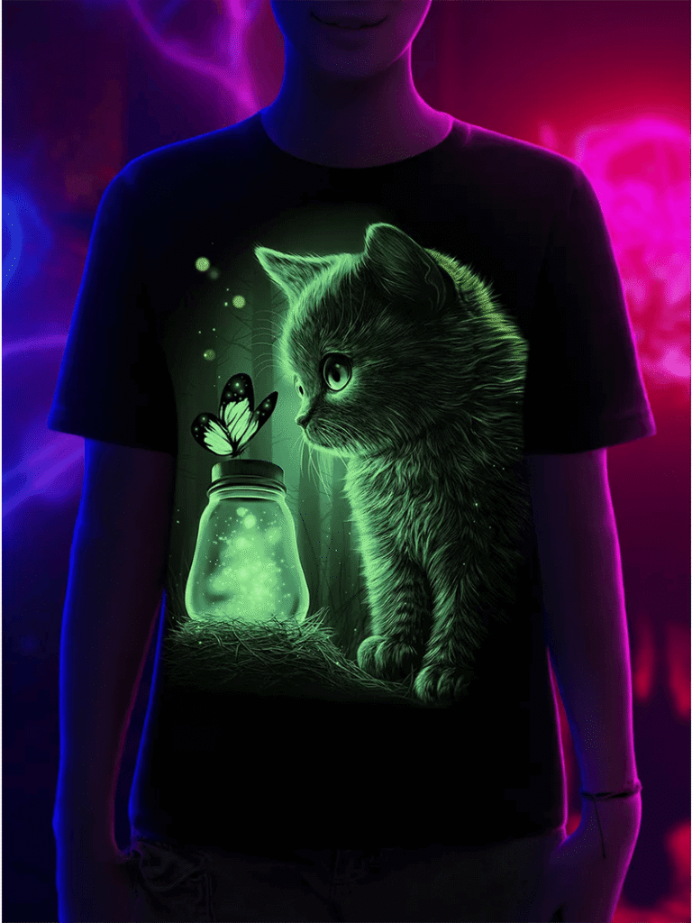 Cute cat T-shirt – kitten watching fireflies glowing in a jar חולצת טי חתול חמוד – גור חתולים מביט בגחליליות זוהרות בצנצנת