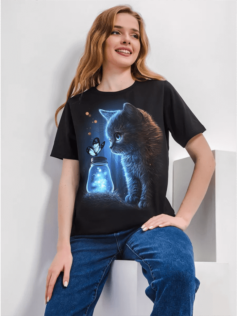 Cute cat T-shirt – kitten watching fireflies glowing in a jar חולצת טי חתול חמוד – גור חתולים מביט בגחליליות זוהרות בצנצנת