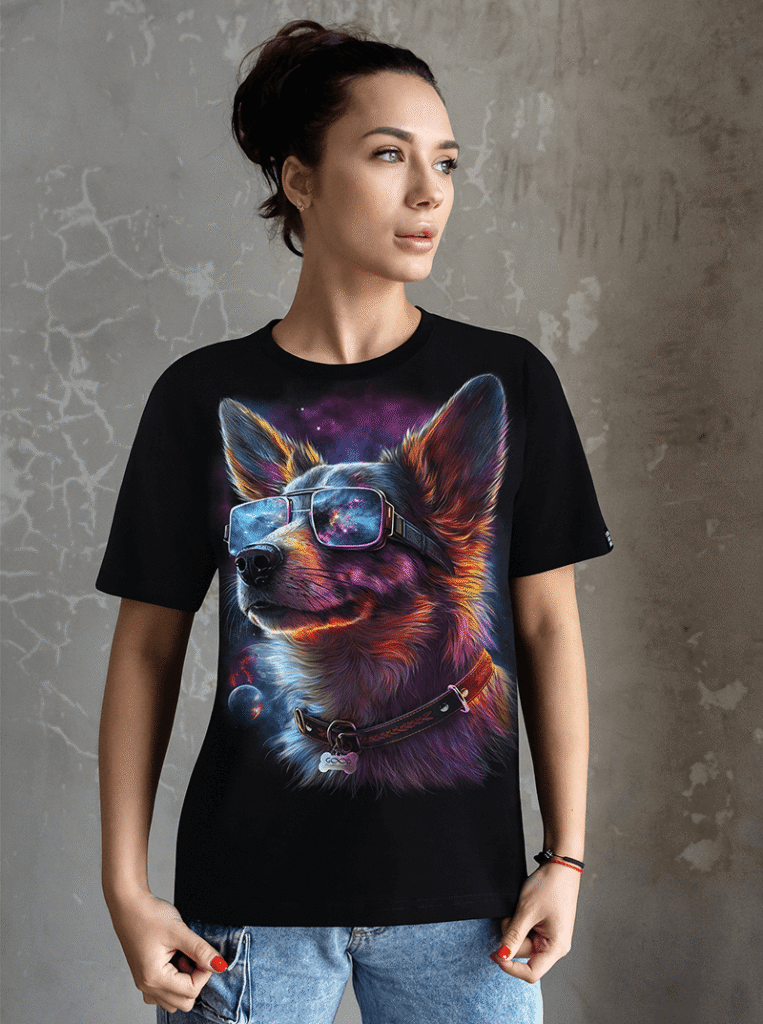 Space dog T-shirt – colorful cosmic dog with sunglasses galaxy design חולצת טי כלב קוסמי – עיצוב צבעוני של כלב בחלל עם משקפי שמש