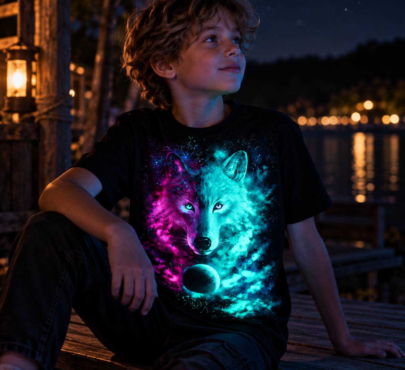 Unique T-Shirt With Print Space Wolf Glowing in the Dark & UV