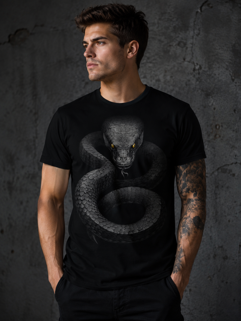 EN: Glow in the Dark Snake T-Shirt on Male Model Black Graphic Tee HE: חולצת נחש זוהרת בחושך על דוגמן חולצת פרימיום שחורה