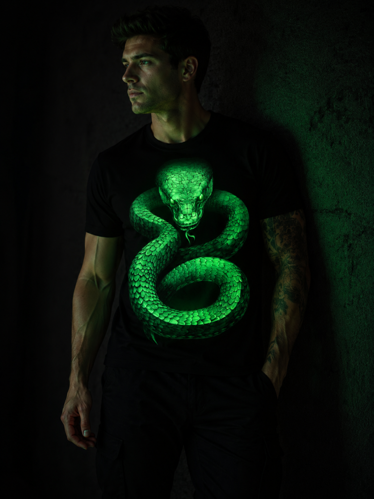 Glow in the Dark Snake T-Shirt on Male Model Black Graphic Tee חולצת נחש זוהרת בחושך על דוגמן חולצת פרימיום שחורה