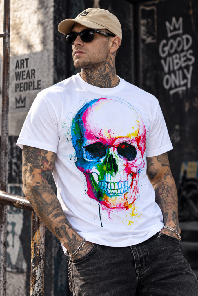Exclusive White T-Shirt Glowing in the Dark and Uv Light with the print Colorful Skull