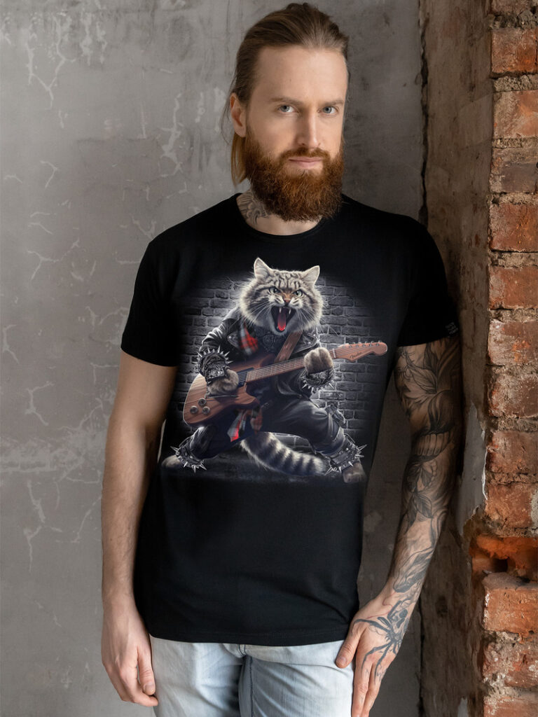Rock Cat Guitar T-Shirt – Black Cotton Shirt with Cool Cat Print חולצת טי שחורה עם חתול גיטריסט – הדפס ייחודי לחובבי רוק