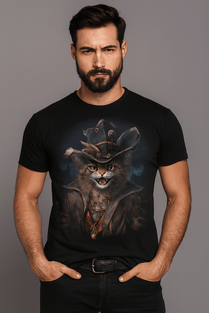Glow in the dark cat hunter T-shirt – gothic fantasy design for men חולצת טי זוהרת בחושך עם חתול צייד – עיצוב פנטזיה גותי לגברים