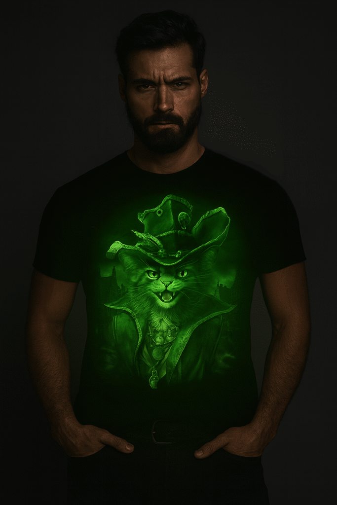 Glow in the dark cat hunter T-shirt – gothic fantasy design for men