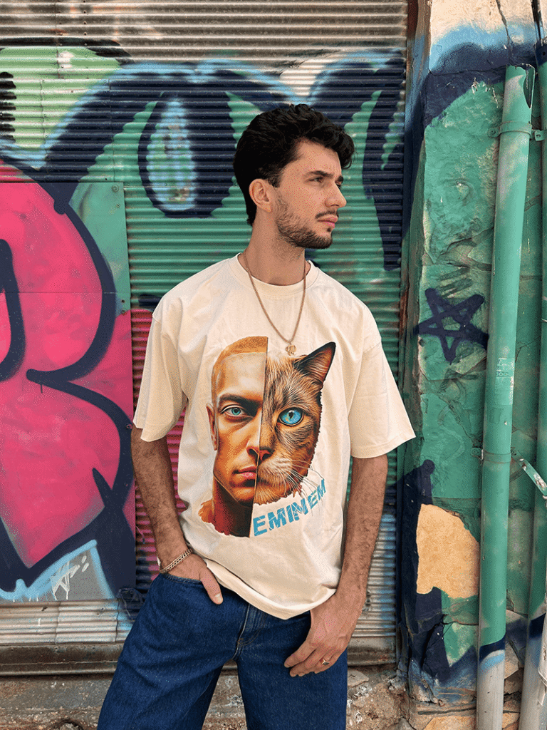 חולצת Eminem Cat – הדפס חצי פנים אמן חצי חתול | חולצה כותנה איכותית יוניסקס