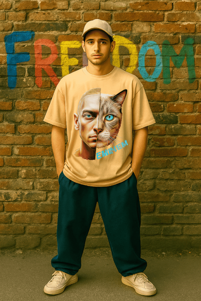 חולצת Eminem Cat – הדפס חצי פנים אמן חצי חתול | חולצה כותנה איכותית יוניסקס
