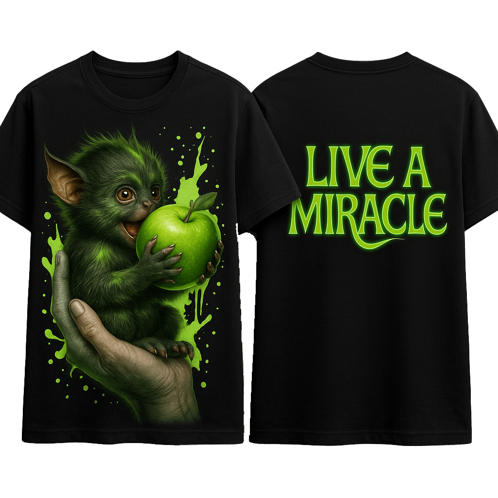 חולצת Live a Miracle – הדפס גובלין ירוק עם תפוח זוהר | חולצה שחורה כותנה איכותית