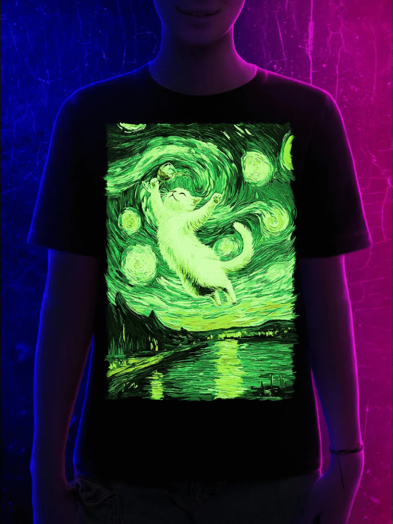 Starry Night Cat Print T-Shirt – חולצת טי עם חתול מודפס בסגנון ונגוך
