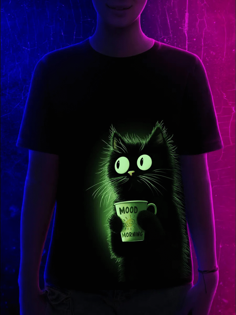 Black Cat Morning Mood T-Shirt – חולצת טי חתול שחור עם כוס קפה