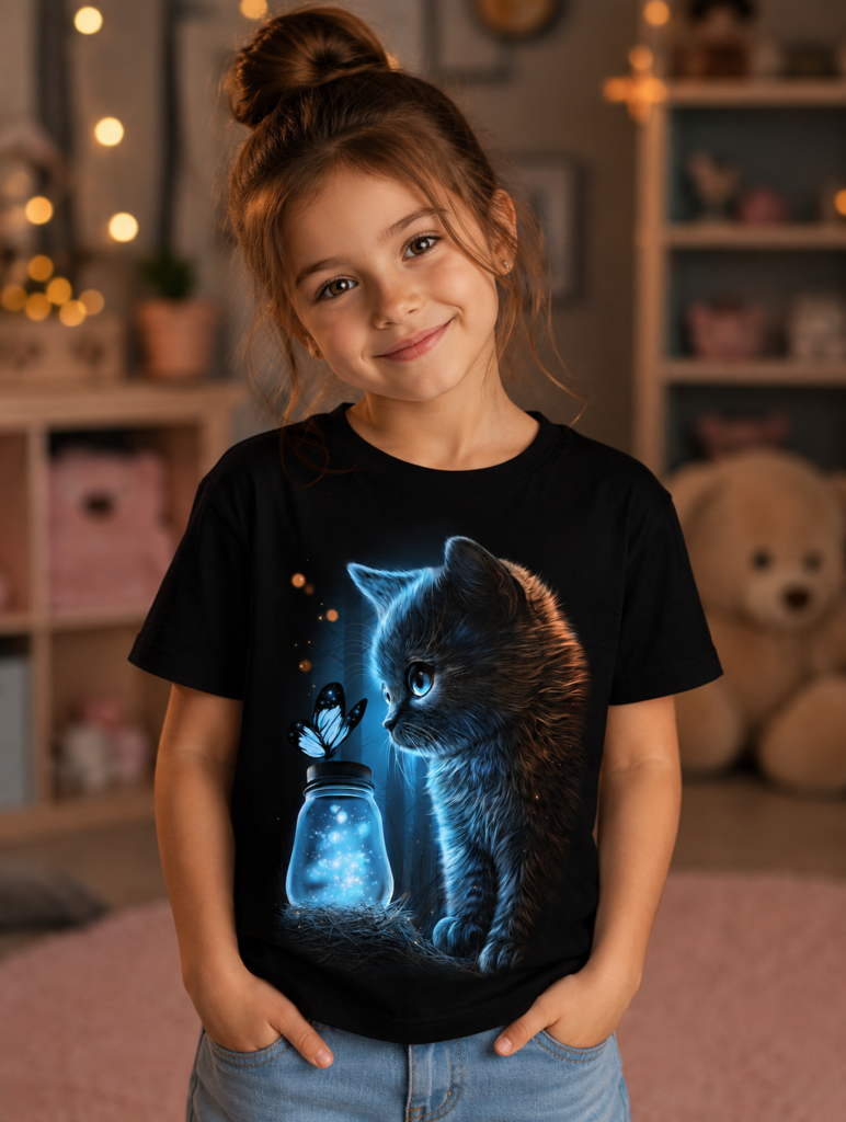 חולצת ילדים עם הדפס חתול קסום ופרפר על ילדה | Cute Kitten Graphic Kids T-Shirt on Girl