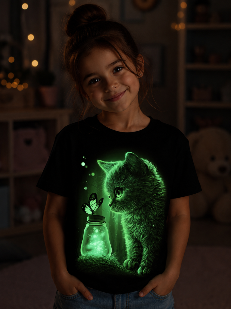 חולצת ילדים זוהרת בחושך עם חתול קסום על ילדה | Glow in the Dark Kids Cat T-Shirt on Girl