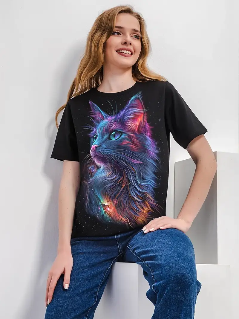 Woman sitting wearing a black glow cat t-shirt – Purple Beard דוגמנית יושבת עם חולצה שחורה עם הדפס חתול זוהר – Purple Beard