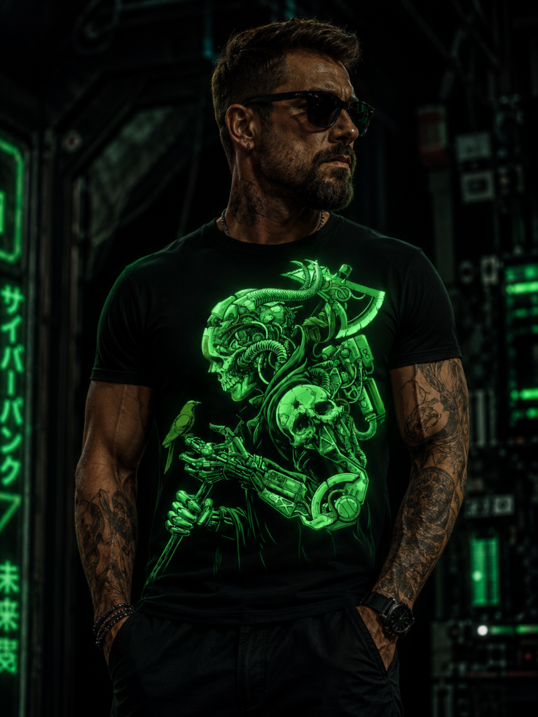 Glow in the Dark Cyberpunk Reaper Skull T-Shirt - חולצת סייברפאנק זוהרת בחושך עם הדפס גולגולת רובוטית