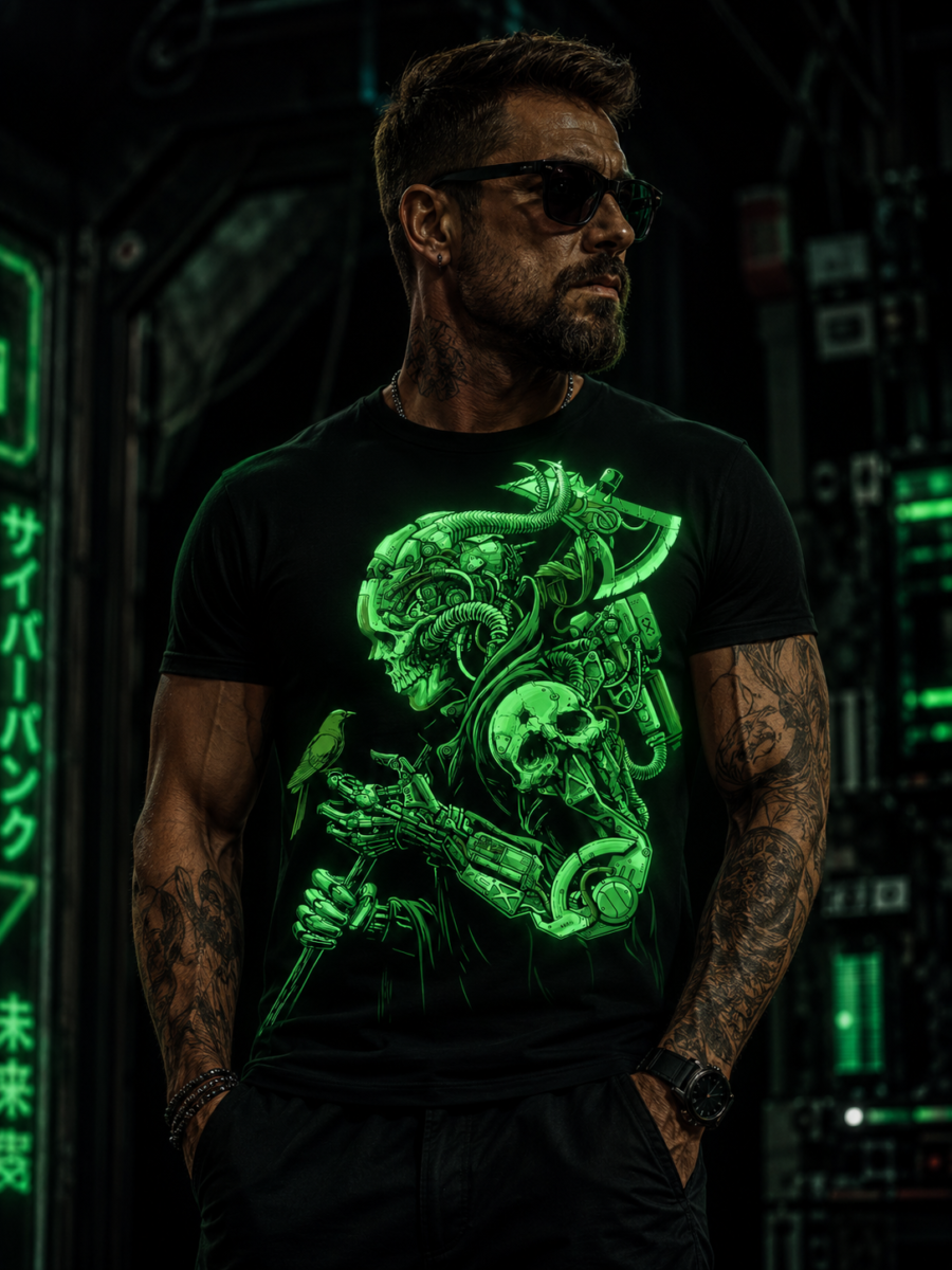 Glow in the Dark Cyberpunk Reaper Skull T-Shirt - חולצת סייברפאנק זוהרת בחושך עם הדפס גולגולת רובוטית