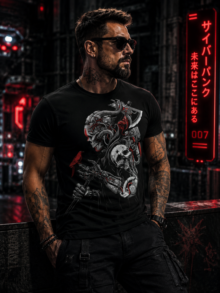 Cyberpunk Skull Graphic T-Shirt on Male Model - חולצת טי סייברפאנק עם הדפס גולגולת רובוטית על דוגמן