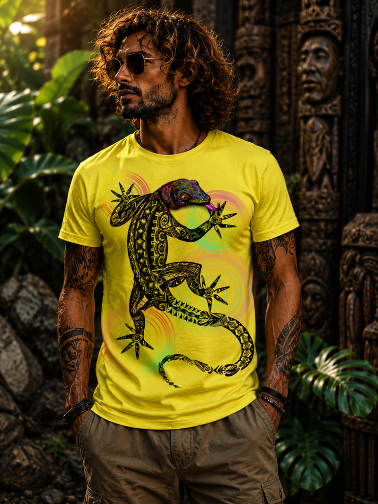 Tribal Gecko Yellow T-Shirt on Male Model - חולצת לטאה טרייבלית צהובה על דוגמן