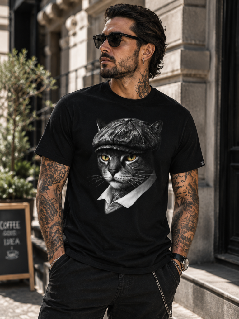 חולצת חתול גנגסטר עם כובע וינטג' | Vintage Gangster Cat T-Shirt